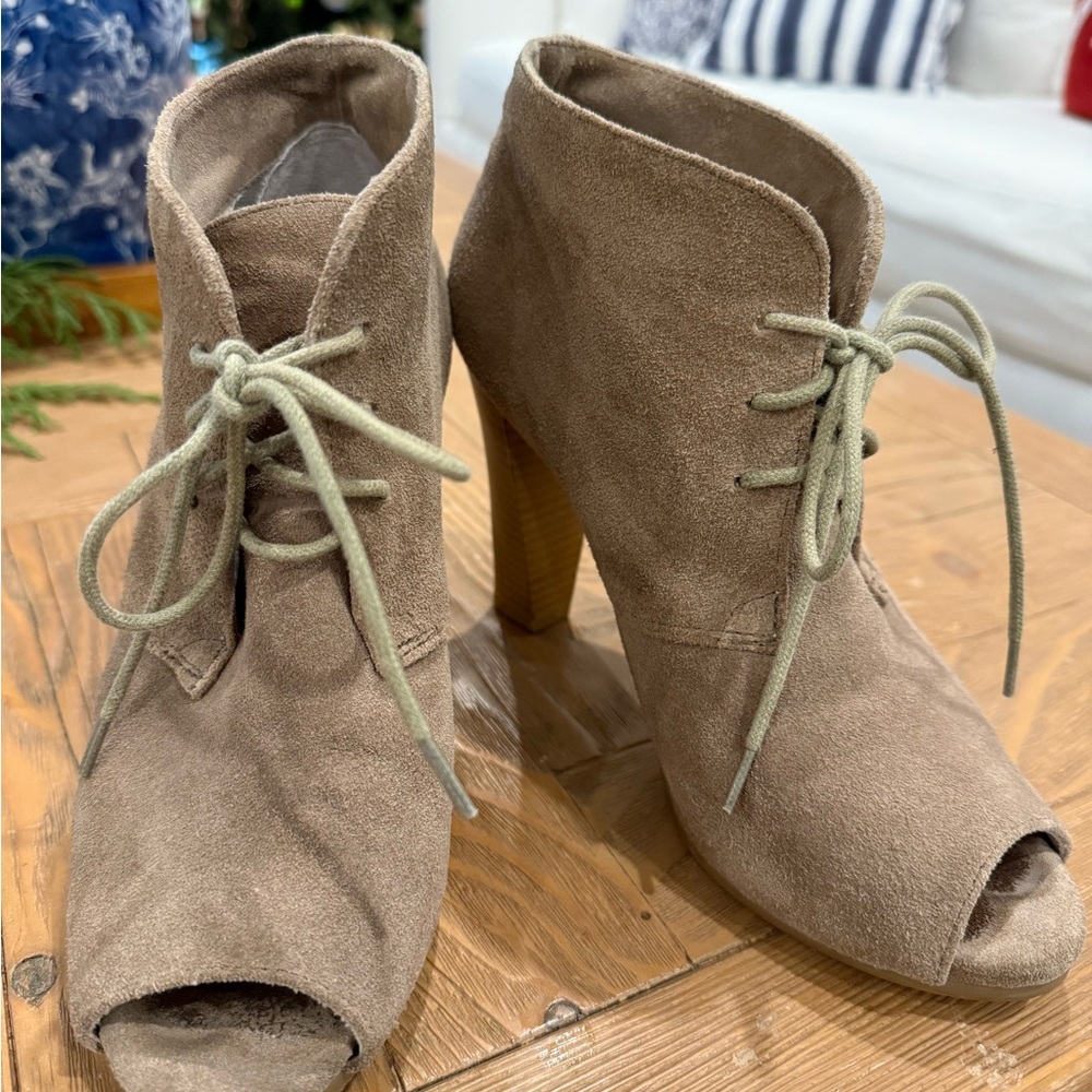 LOFT Taupe Suede Peep-Toe Heeled Boots